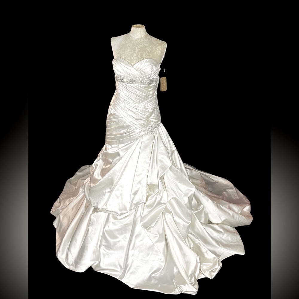 Demetrios Fit and Flare Wedding Dress size 12 White Satin Beaded BNWT
